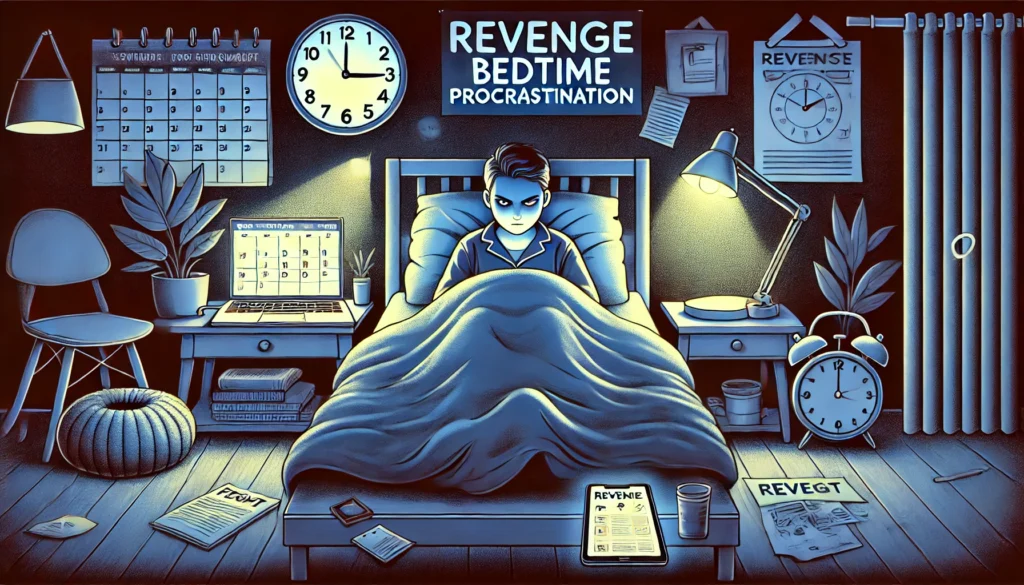 depicting the concept of Revenge Bedtime Procrastination showing a person sitting up in bed late at night